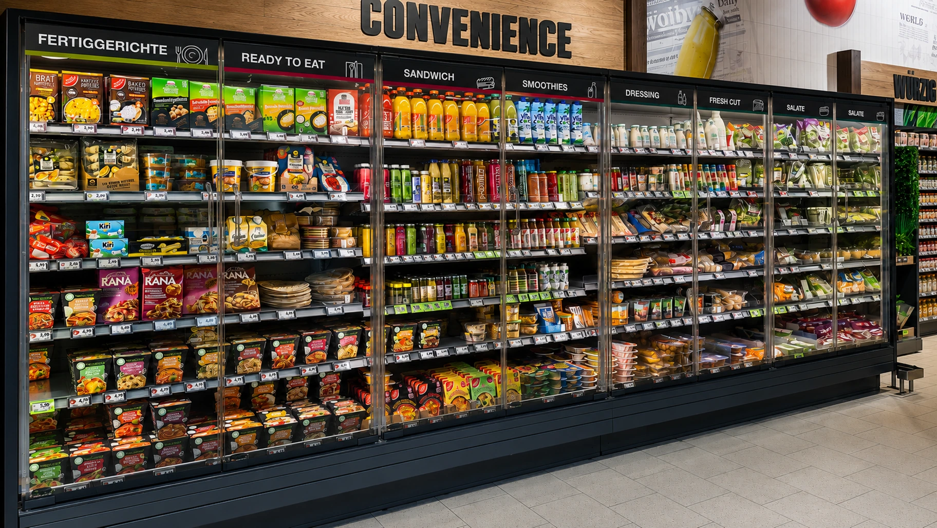Convenience-Kühlregal mit Fertiggerichten, Sandwiches und Smoothies